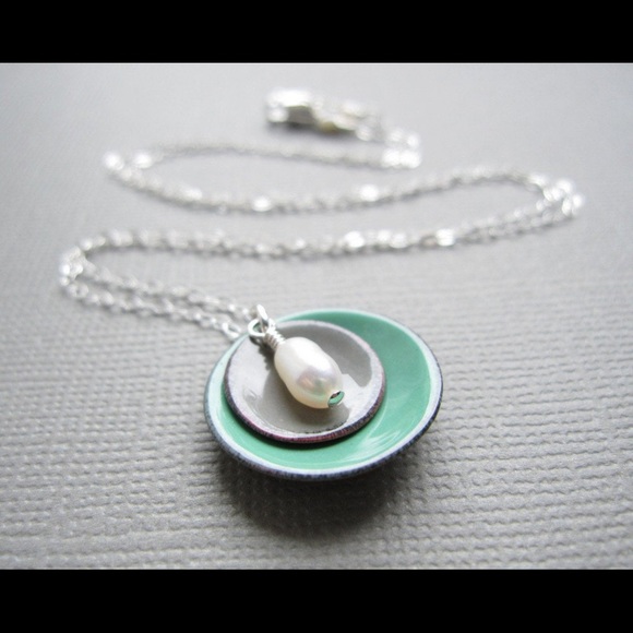 Jewelry - NEW Handmade Enamel Copper Disks & Freshwater Pearl Sterling Necklace